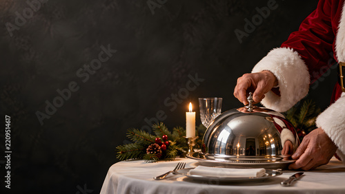 Santa Claus Serving Festive Dinner Under Silver Cloche