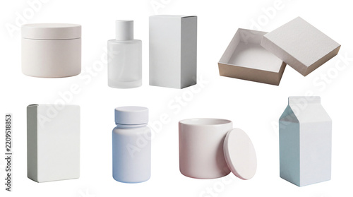 Collection of Seven Minimalist Product Packaging Mockups Featuring Cosmetic, Fragrance, Pharmaceutical, Candle, and Dairy Containers on Transparent Background.