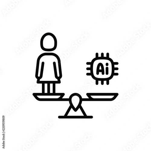 Woman replacement by AI thin line icon representing artificial intelligence, automation, workforce transformation, job displacement, gender and technology, and the future of work. Vector illustration.