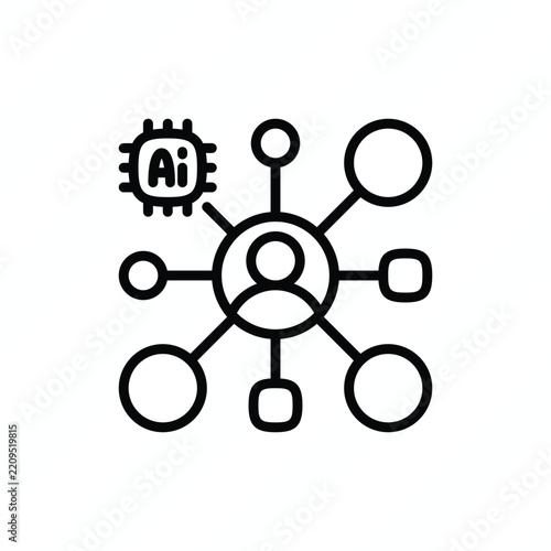 Integrating teamwork with AI thin line icon representing artificial intelligence, human collaboration, team communication, shared intelligence, productivity, and intelligent technology. Vector illustr
