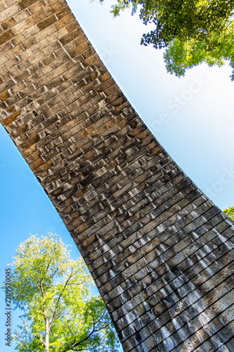 View from under a stone bridge with the blue sky in the background 