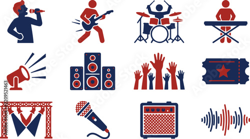 High Quality Live Music and Concert Vector Icon Set in Blue and Red