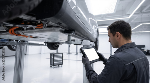 Professional mechanic using a digital tablet to inspect the undercarriage of an electric vehicle in a modern repair shop