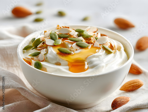 Greek yogurt honey almond pumpkin seed bowl creamy dessert white yogurt food photography healthy breakfast sweet snack creamy Greek yogurt topped