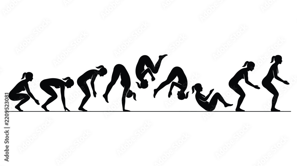 Obraz premium Female gymnast performing front flip sequence showing motion stages in black silhouette vector illustration