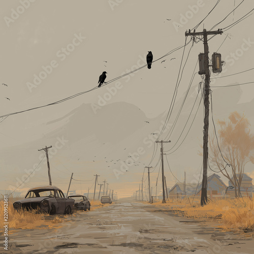 Abandoned rural roadway with crows on power lines and derelict vehicles in atmospheric post-apocalyptic countryside