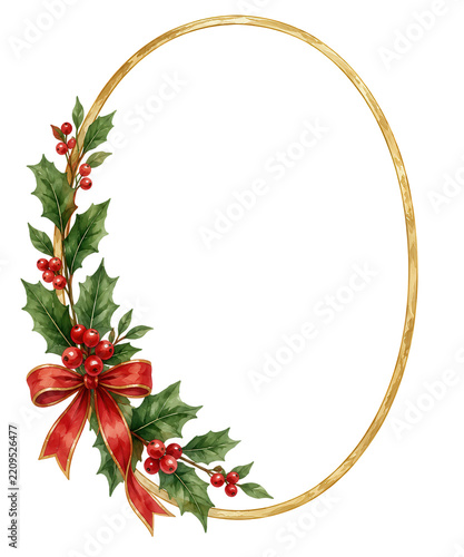 Watercolor Christmas Gold Oval Frame with Holly Berries and Red Bow