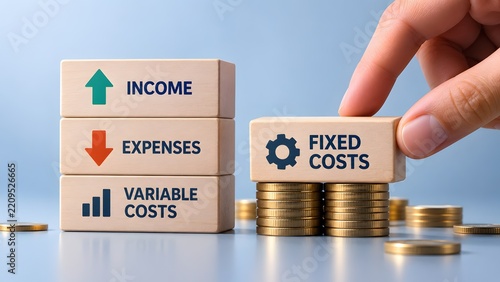 Hand placing a wooden block labeled fixed costs on stacks of gold coins alongside blocks showing income, expenses, and variable costs for financial planning and budgeting concept