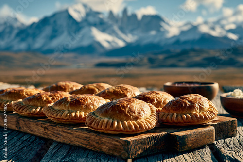 Fresh golden empanadas on wooden board with Patagonia mountain background 