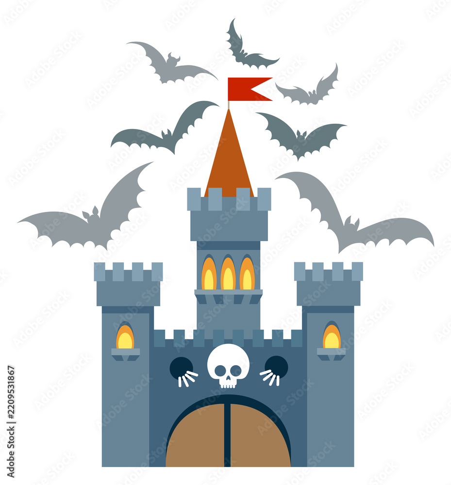Obraz premium Horror castle cartoon icon with flying bats around