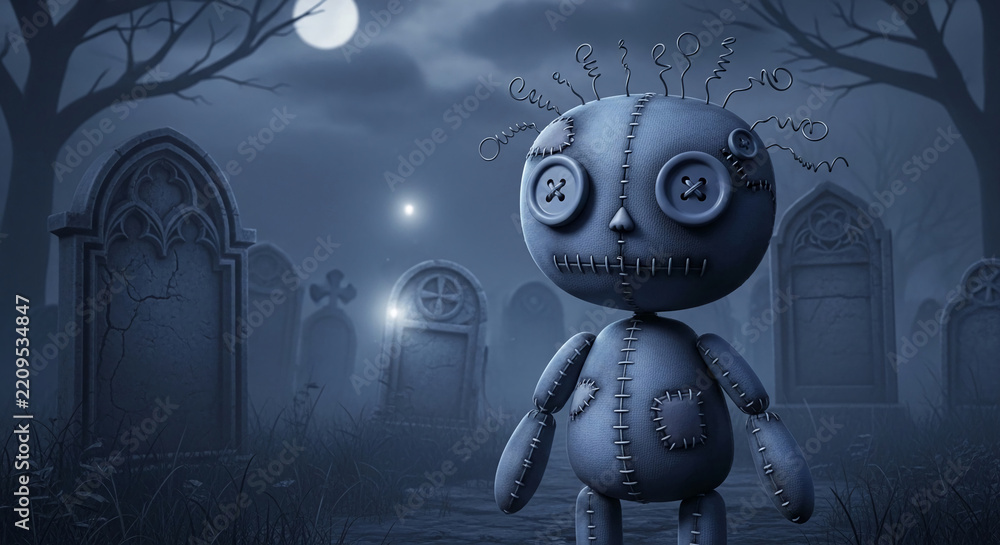 Naklejka premium A dark, spooky scene with a stuffed doll in a graveyard under a full moon, symbolizing Halloween, horror, and gothic themes