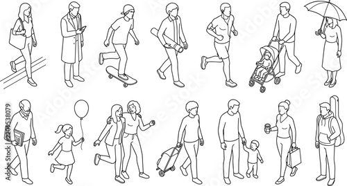 Isometric people line art vector set, daily life characters outline for architectural rendering   