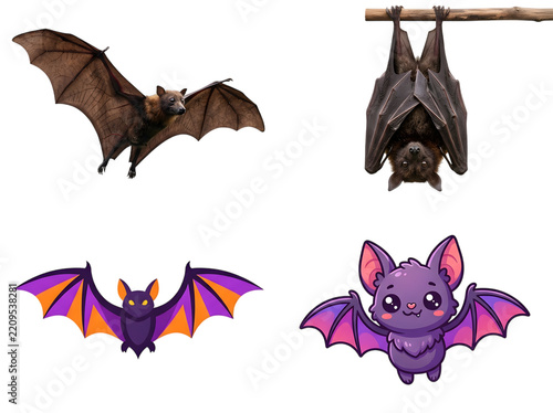 Halloween Bat Set of 4 Illustrations in 2x2 Grid on White Background