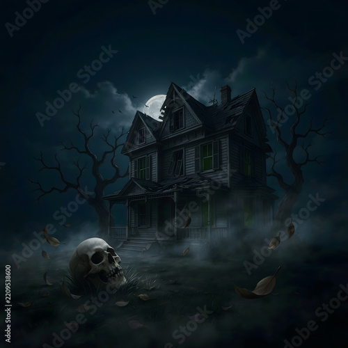 Dark Horror Halloween Design with Haunted House, Skull, Moon and Fog in Sinister Atmosphere

