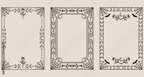 Celestial tarot card frames with spider webs and roses for mystical stationery and mystical art.