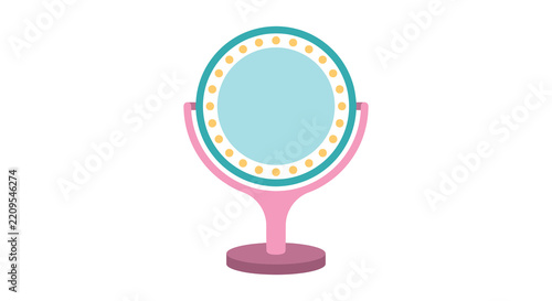 Vanity mirror with circular frame and pink stand isolated on a white background