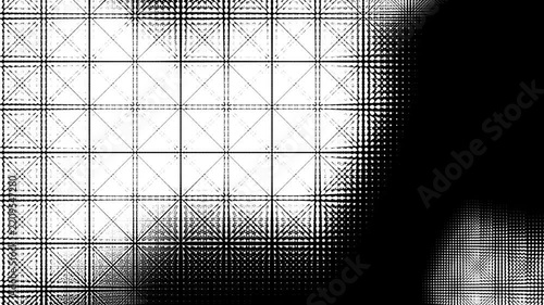 Monochrome Halftone Grid with Distorted Dots and Geometric Line Pattern