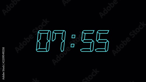 8 Minute Countdown Timer, Neon Digital Clock Animation from 08:00 to 07:00, Glowing Futuristic Time Counter, 1 Minute Countdown, Transparent Background, 4K Alpha Channel