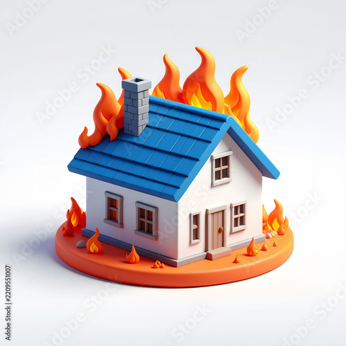 火事 屋根が炎上する一軒家の3Dイラスト 住宅火災と防災のイメージ
