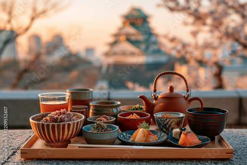 Traditional Japanese breakfast set on wooden tray with Osaka Castle and cherry blossoms 
