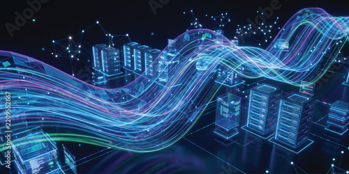 Abstract data center with server racks and glowing flow lines represents cloud computing and high speed digital networks.