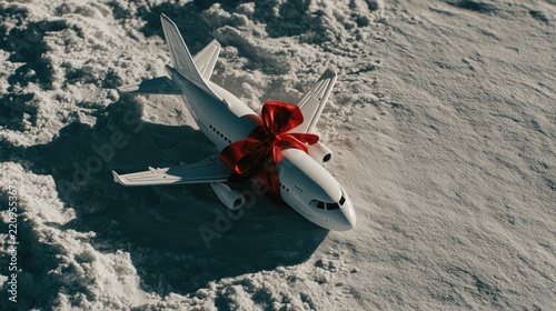 Overhead view of a toy airplane on snow with a red ribbon bow