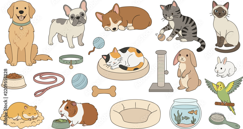 Obraz premium Collection of cute cartoon pets including dogs, cats, a rabbit, hamster, guinea pig, bird, and various pet care accessories on white