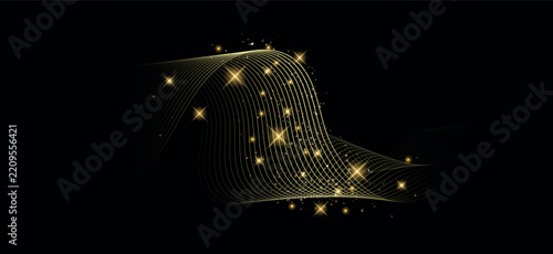 Abstract vector background with golden wavy lines, glowing stars, and shimmering sparkles on a black background