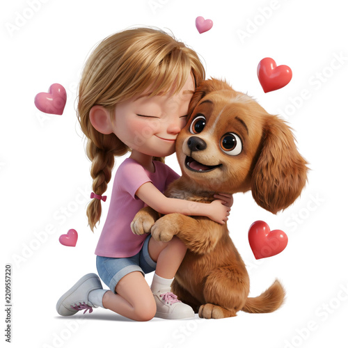 Cute 3D cartoon little girl hugging her puppy dog surrounded by floating pink hearts on a white background with 3D illustration blonde hair pink shirt
