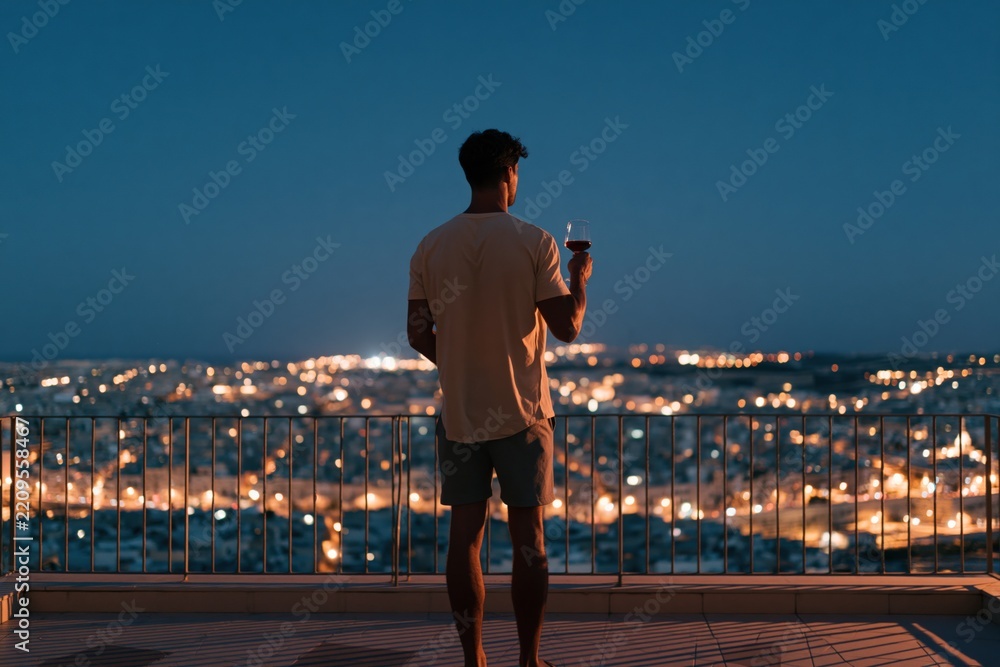 Fototapeta premium Man standing on rooftop terrace holding wine glass overlooking illuminated city at night for travel lifestyle background and evening relaxation banner