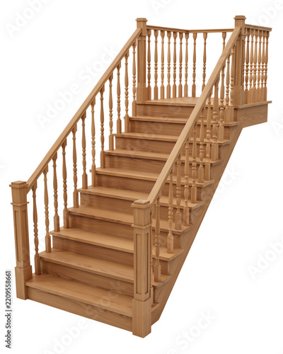 Classic wooden staircase with banister and railing isolated on white background interior design home architecture home improvement home decor staircase