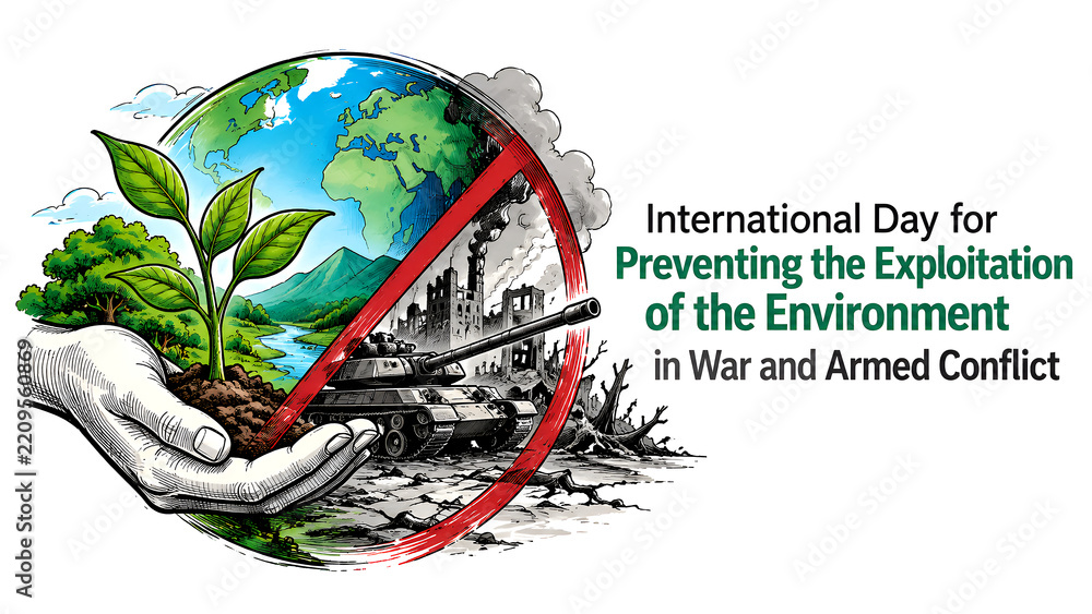 Obraz premium International Day for Preventing the Exploitation of the Environment in War and Armed Conflict conceptual illustration.