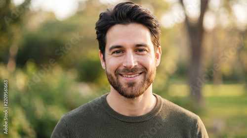 Cheerful young man smiling warmly in a sunny green park perfect for positive outdoor lifestyle natural wellness and friendly social advertising