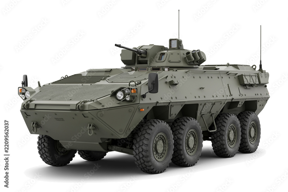 Fototapeta premium Armored personnel carrier military vehicle isolated on a white background with military transport army truck tactical vehicle combat vehicle armored car