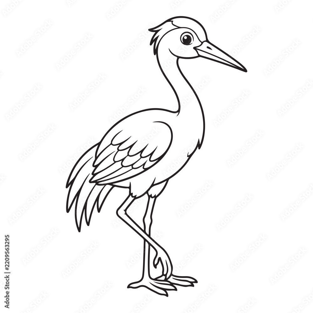 Fototapeta premium Cute cartoon stork crane bird outline line art illustration. Black and white heron animal character with long beak for kids coloring page activity book.
