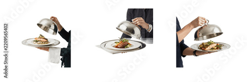 Waiter Unveiling Dish with Silver Cloche PNG Collection, Professional Restaurant Service and Gourmet Food Presentation Isolated on White Background for Culinary, Hospitality, and Gastronomy Design