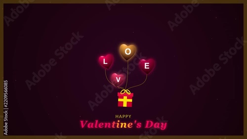 Happy Valentines Day Background with Floating Heart Balloons and Gift Box