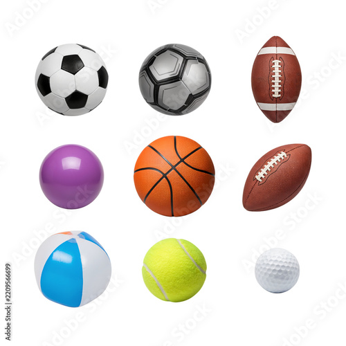 Assorted sports balls including soccer basketball football tennis beach ball arranged on white background with team sports sporting goods game day