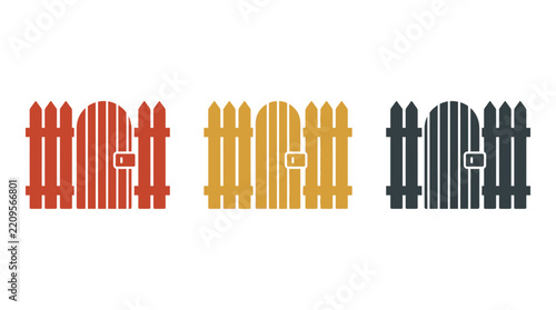 Wooden fence and gate solid icon set. Features pickets, closed door, and latch hardware. Solid vector symbols for real estate, landscaping, and property security.