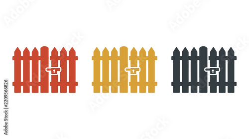 Wooden fence gate solid icon set. Features pickets, latch, and enclosure symbols. Simple flat vector icons for property security, suburban home, and garden landscape design.