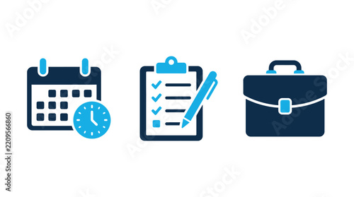Business icon set featuring calendar, clipboard checklist, and briefcase symbols. Professional blue symbols for corporate scheduling, task management, and career planning.