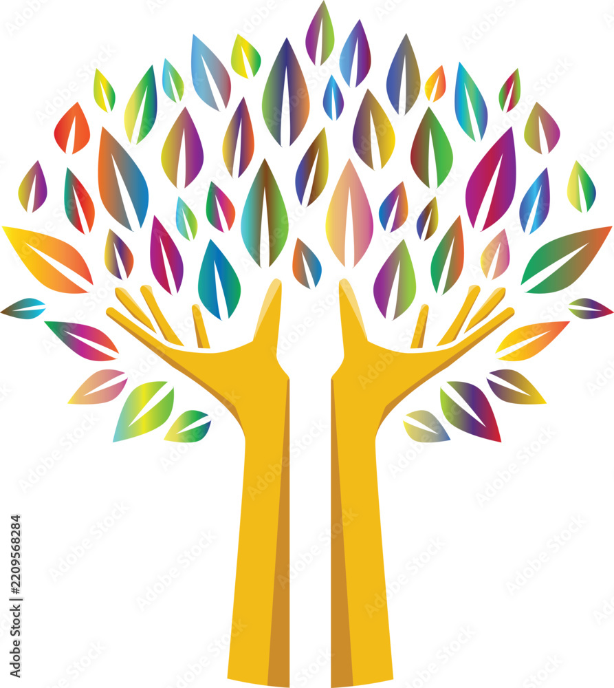 Fototapeta premium Abstract tree made of colorful rainbow leaves supported by two hands as a concept of nature care with helping hands white background environmental colorful protection wellness