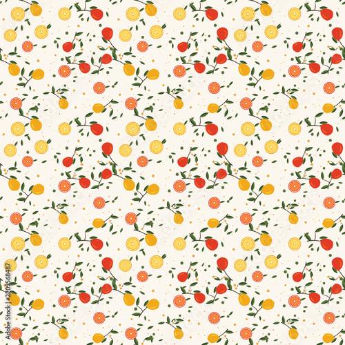 Vibrant Citrus Fruit Pattern with Lemons Oranges and Leaves on Cream Background