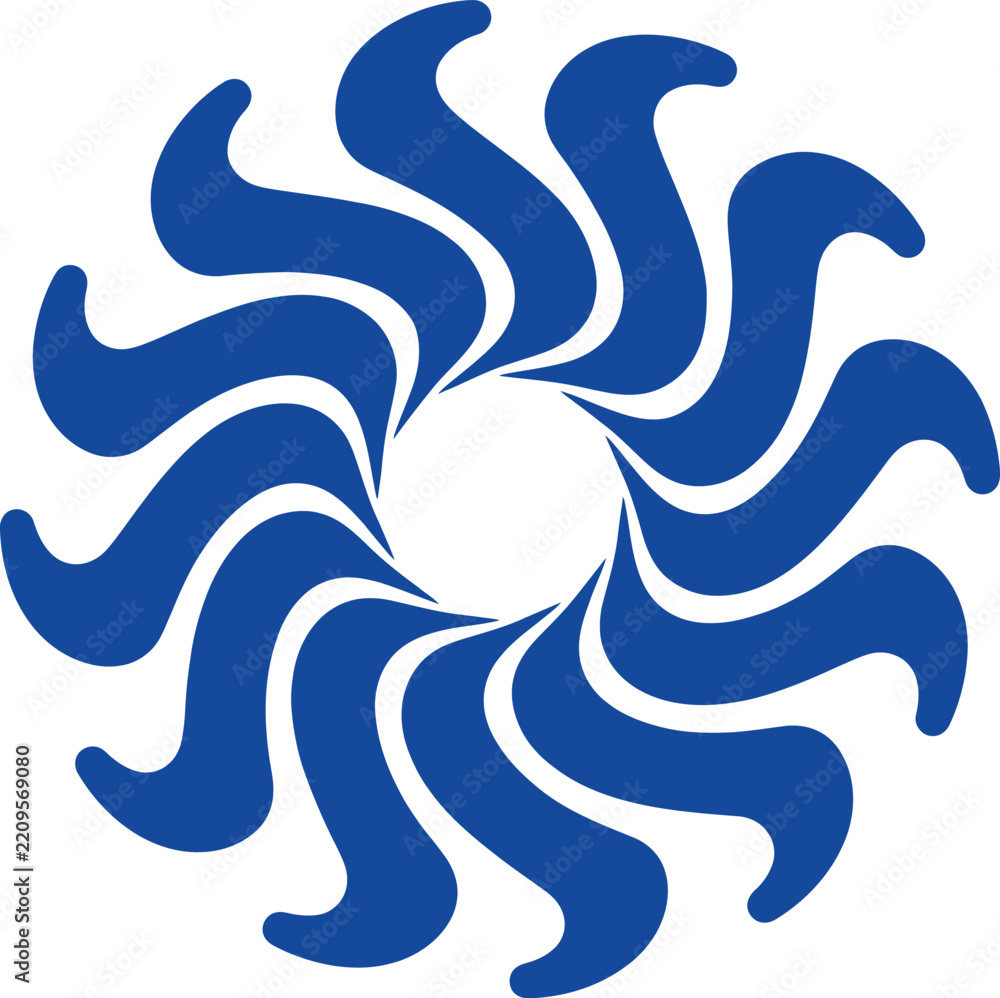 Fototapeta premium Blue abstract circular logo design, swirling radial pinwheel symbol, vector company emblem template