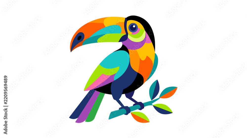 Obraz premium Vibrant, colorful, and stylized toucan illustration with a large multi-hued beak, perched on a simple branch against a white background.