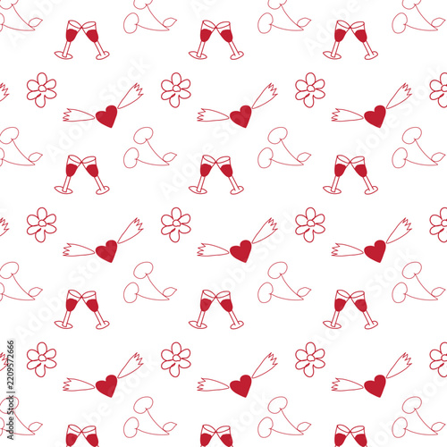 Romantic Doodle Pattern with Winged Hearts, Flowers, Cherries and Wine Glasses, Hand Drawn Valentine Love Seamless Background