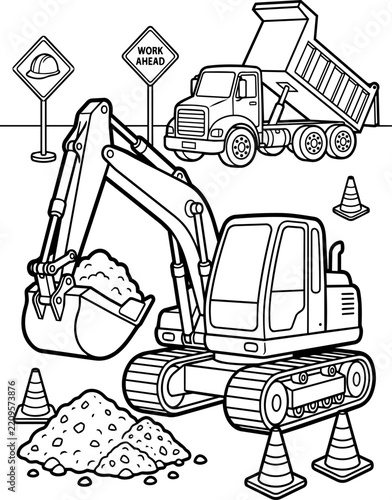 Heavy construction vehicle with dump truck line art printable worksheet