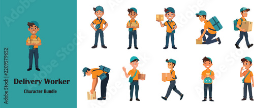 Vector illustration of delivery workers in various poses with packages showcasing logistics and transport courier