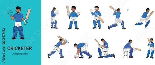 A collection of vector illustrations depicts a cricketer in various action poses and equipment cricket
