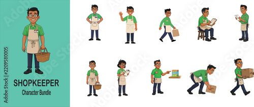Illustrations of a shopkeeper character in various poses and actions vector style merchant storeowner retailer